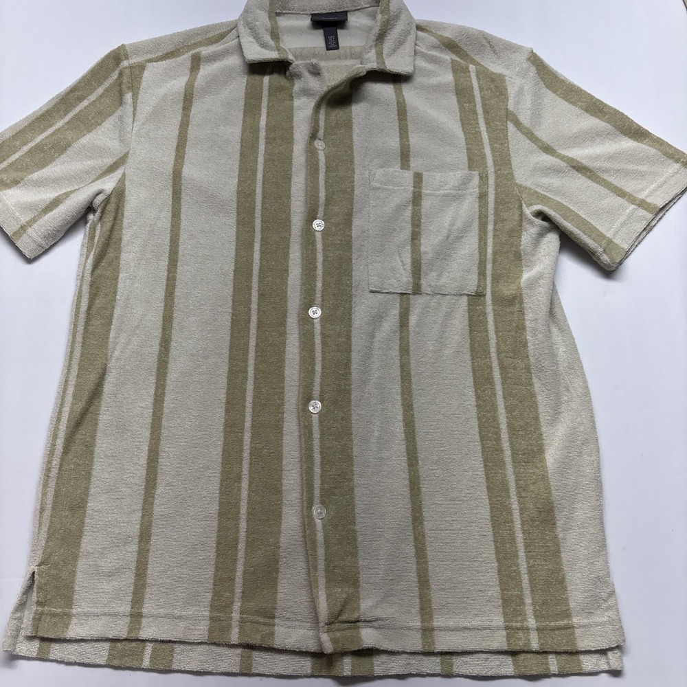 H&M Olive and White Towel‎ Striped Casual Shirt size sm